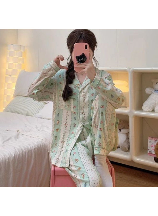 أنامي Anami Vintage Floral Patchwork Loungewear Set – Soft Mint Green Button-Down Pajama Set for Women (Top & Pants) / SleepWear / Loungewear/ Nightsuits - Image 1