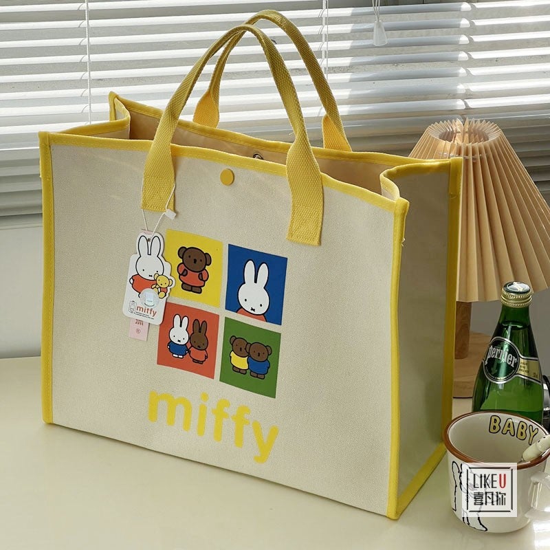 Authentic Miffy Large Canvas Tote Bag for Women Lemon yellow (button pocket) 