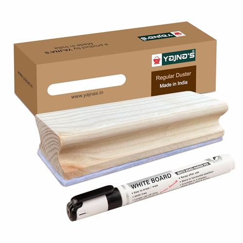 YAJNAS Wooden Duster & Marker Combo For Whiteboard & Chalkboard Use - Duster + 1 Black Marker Combo, Premium Non Magnetic Wooden Duster With Whiteboard Marker - Image 1