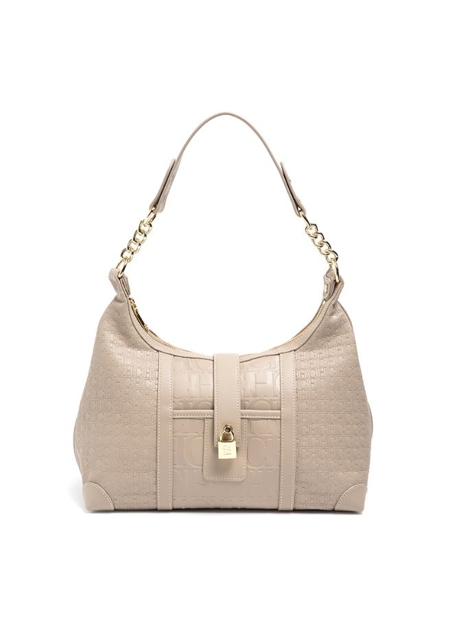 CAROLINA HERRERA CH Monogram Beige Hobo Bag with Gold - Tone Hardware