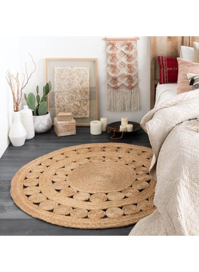 HANDPICKED FURNITURE Jute Wool And Cotton Beige Round Carpet Ultra Soft Area Carpets For Bed Room Living Room And Dining Room Anti-Slip Floor Carpets Easy To Clean Made In Turkey 90X90Cm - Image 1