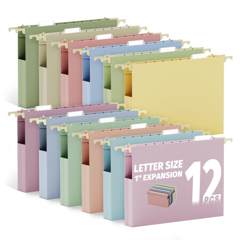 Ansook Hanging File Folders Letter Size Extra Capacity,Heavy Duty 1'' Exandable File Folders Hanging with Tabs,12 Pack Pastel Plastic Filing Cabinet Folders,Desk Hang File Organizer for Office Home - Image 1