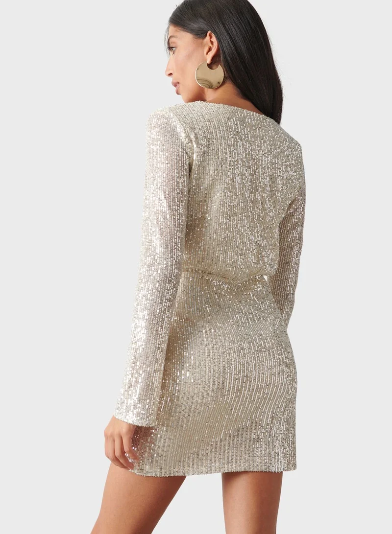 PRETTY LAVISH Surplice Neck Side Slit Sequin Dress