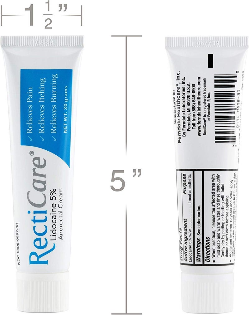 Recticare Anorectal Lidocaine 5% Cream: Topical Numbing Cream for Treatment of Hemorrhoids & Other Anorectal Disorders - 30g Tube - Image 3