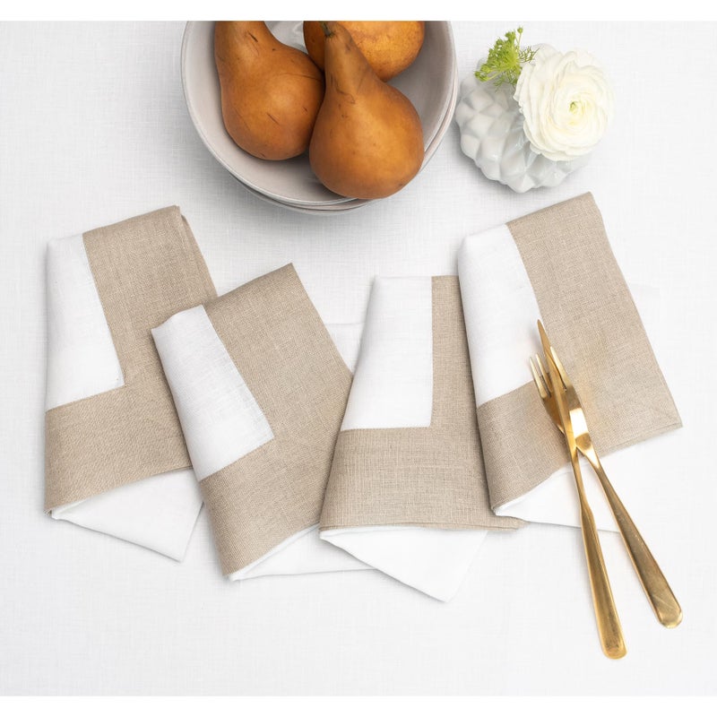 Solino Home Solino Home Linen Dinner Napkins 20 x 20 Inch - 100% Pure Linen Natural and White Cloth Napkins Set of 4 - Contempo  Handcrafted and Machine Washable  - Image 1