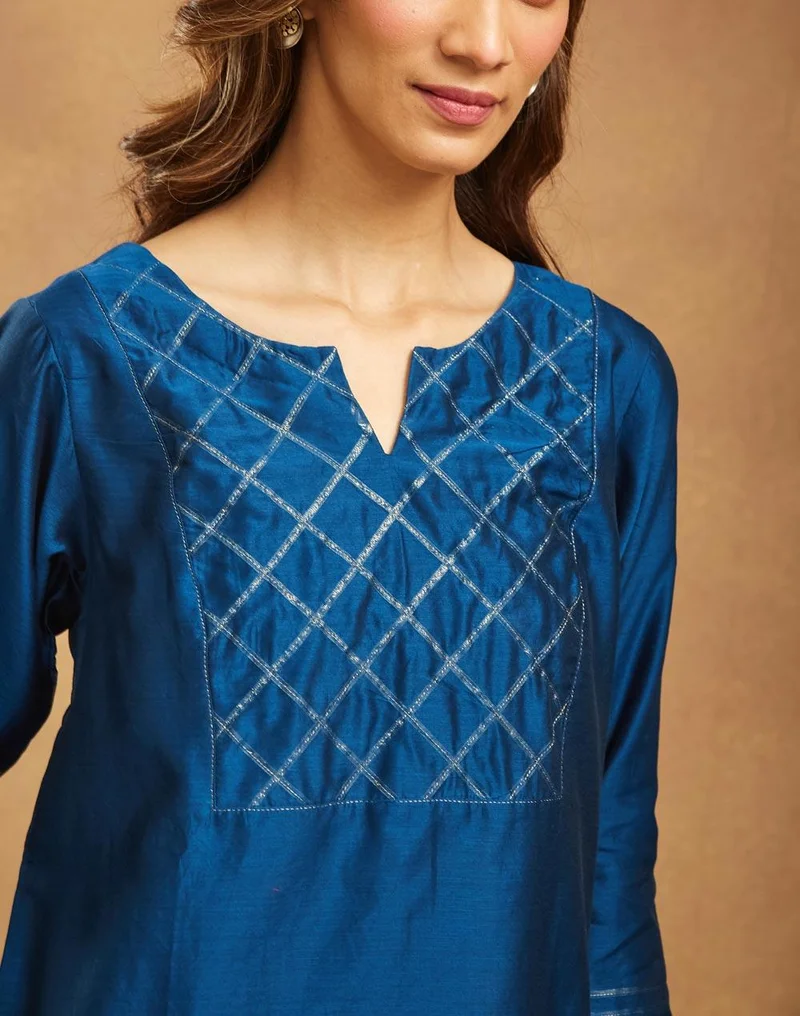 Fabindia Navy Cotton Silk Embroidered Long Kurta