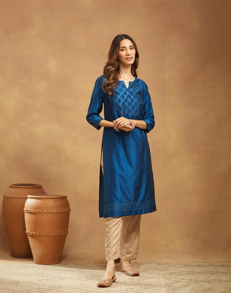 Fabindia Navy Cotton Silk Embroidered Long Kurta