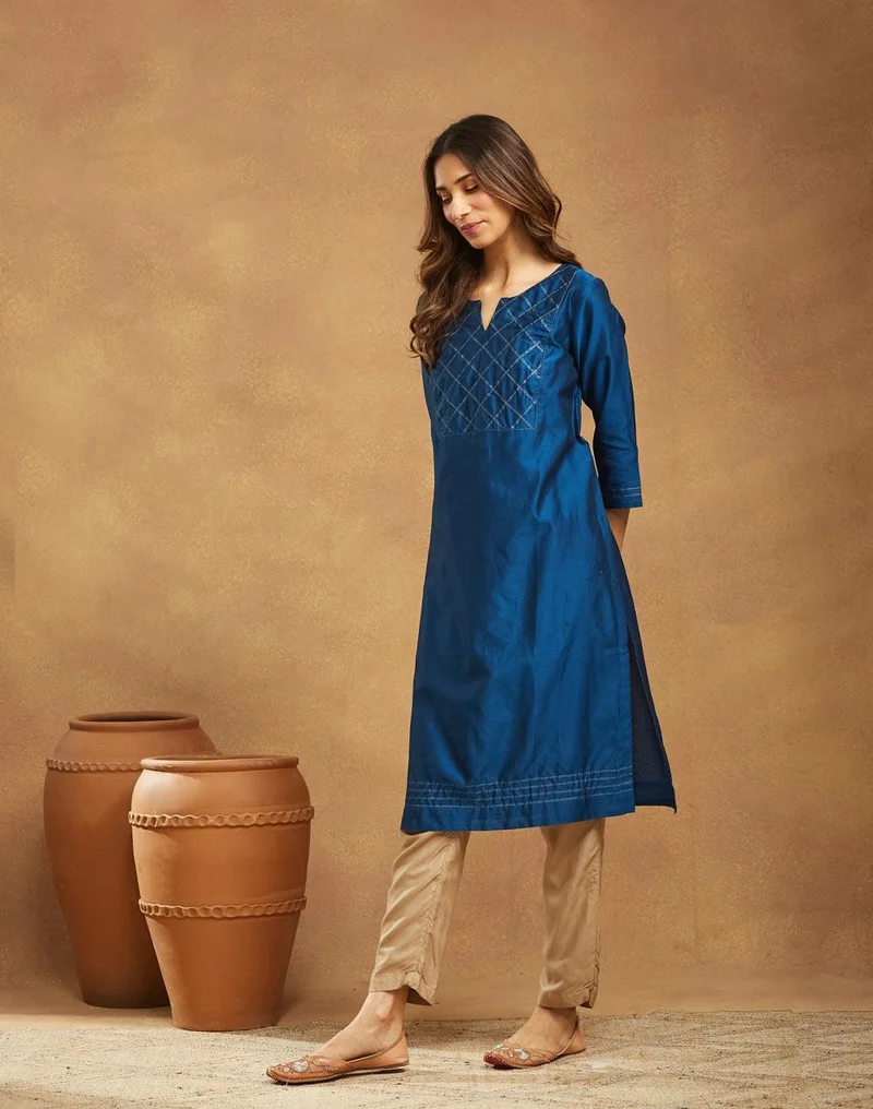 Fabindia Navy Cotton Silk Embroidered Long Kurta