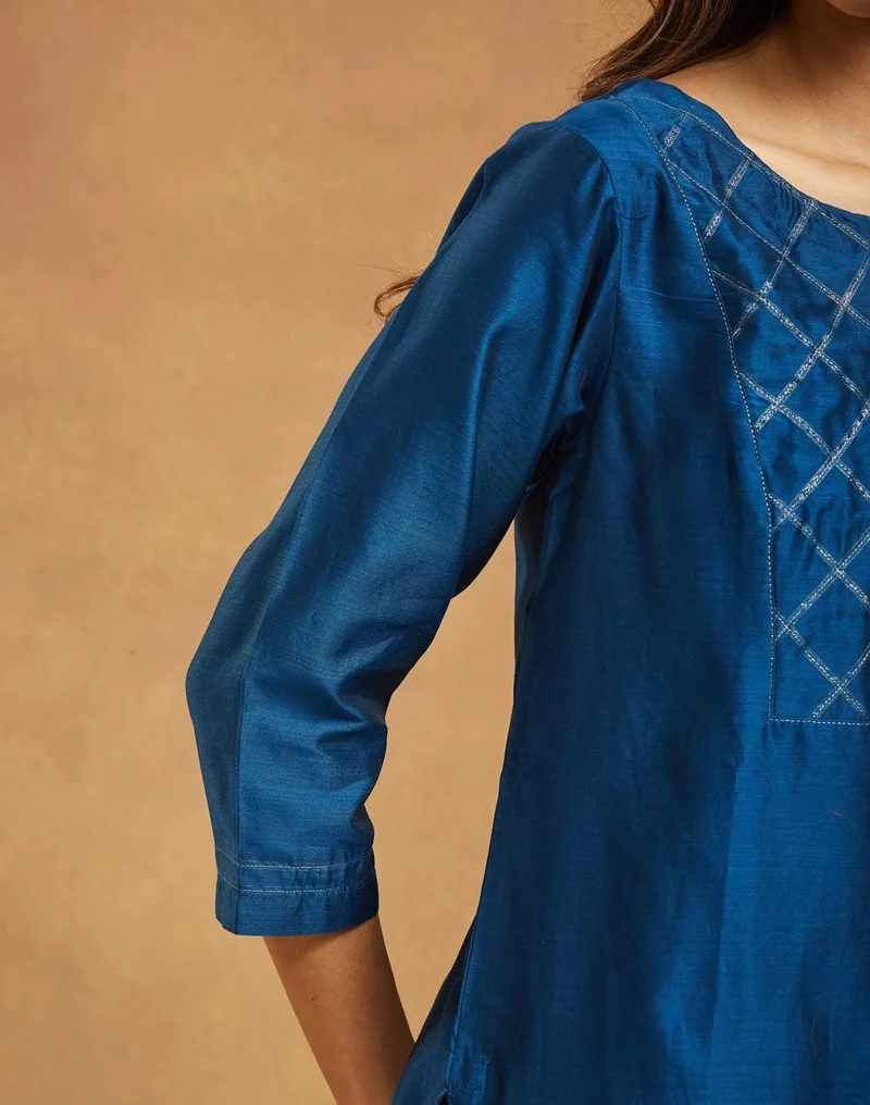 Fabindia Navy Cotton Silk Embroidered Long Kurta