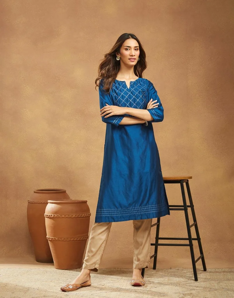 Fabindia Navy Cotton Silk Embroidered Long Kurta