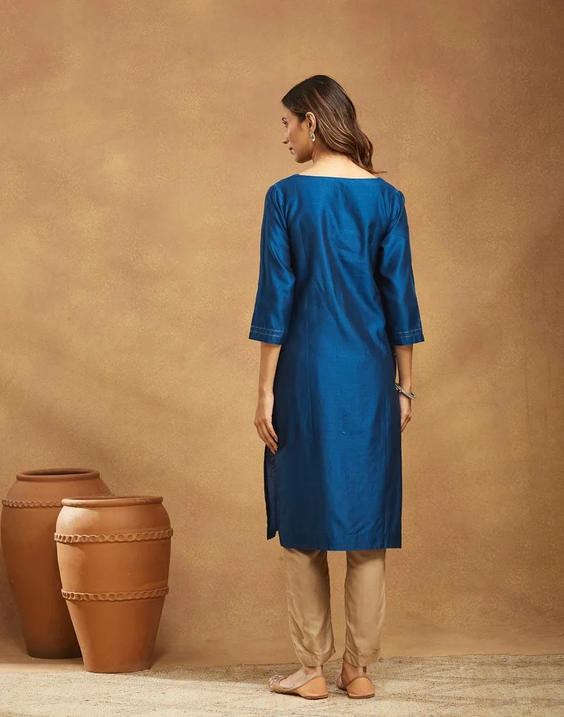 Fabindia Navy Cotton Silk Embroidered Long Kurta
