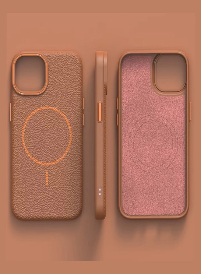 Magsafe Phone Case For iPhone 15 With High Quality Rubber Frame And Slim Lychee Pattern Leather Case with Camera Lens Protection Shockproof Cover And support wireless Charging Leather Cover for iPhone 15 - Brown  - Image 2