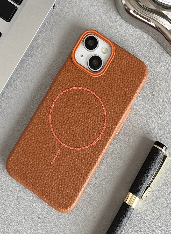 Magsafe Phone Case For iPhone 15 With High Quality Rubber Frame And Slim Lychee Pattern Leather Case with Camera Lens Protection Shockproof Cover And support wireless Charging Leather Cover for iPhone 15 - Brown  - Image 4