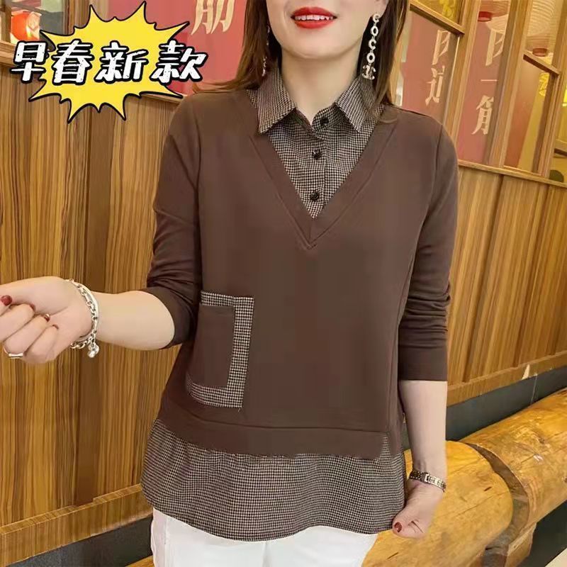 Spring and Autumn new womens shirt color matching fake two-piece loose long-sleeved shirt belly covering mom wear all-match shirt collar top Brown  - Image 1