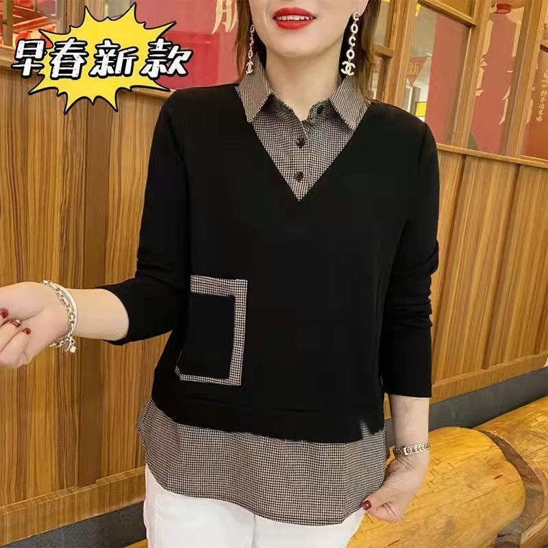 Spring and Autumn new womens shirt color matching fake two-piece loose long-sleeved shirt belly covering mom wear all-match shirt collar top Brown  - Image 2