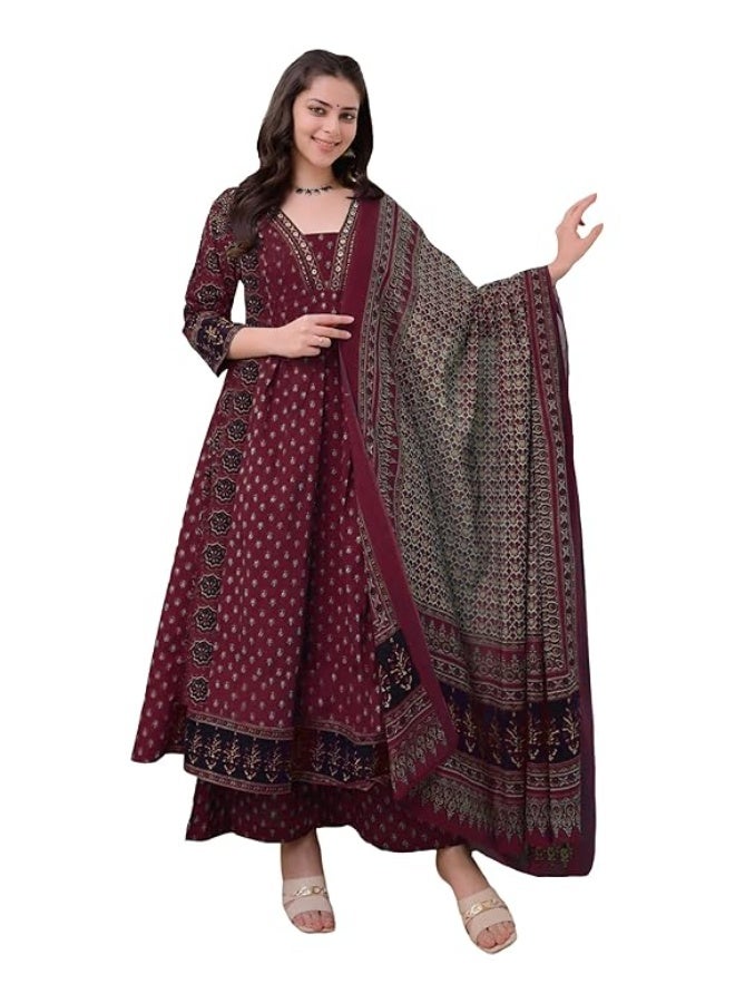 ANNI DESIGNER طقم كورتا أناركالي من القطن الخالص للنساء من تصميم ANNI مع دوبتة وبلازو - طقم بدلة بطباعة يدوية | فستان أنيق | طقم كورتا قطن للنساء | نبيذي 2XL - Image 1