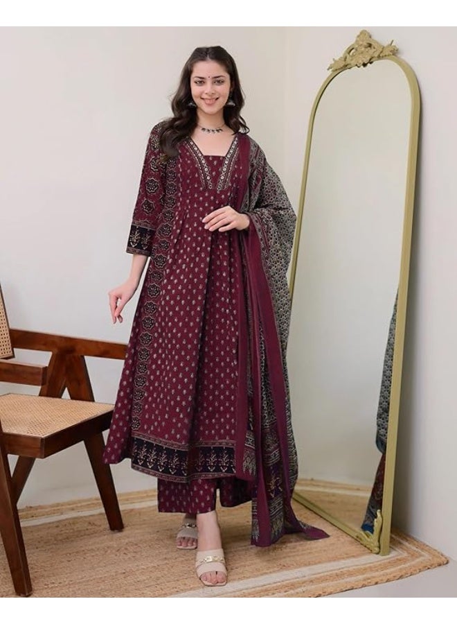 ANNI DESIGNER طقم كورتا أناركالي من القطن الخالص للنساء من تصميم ANNI مع دوبتة وبلازو - طقم بدلة بطباعة يدوية | فستان أنيق | طقم كورتا قطن للنساء | نبيذي 2XL - Image 4