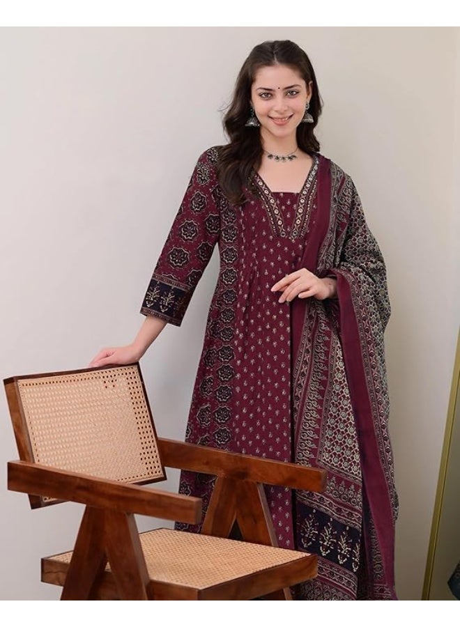 ANNI DESIGNER طقم كورتا أناركالي من القطن الخالص للنساء من تصميم ANNI مع دوبتة وبلازو - طقم بدلة بطباعة يدوية | فستان أنيق | طقم كورتا قطن للنساء | نبيذي 2XL - Image 2