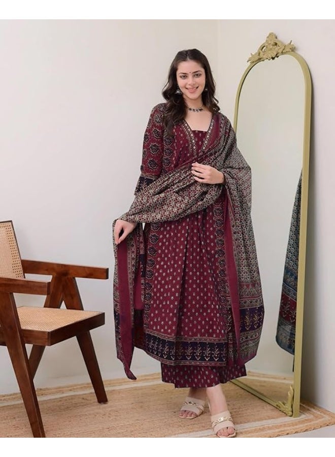 ANNI DESIGNER طقم كورتا أناركالي من القطن الخالص للنساء من تصميم ANNI مع دوبتة وبلازو - طقم بدلة بطباعة يدوية | فستان أنيق | طقم كورتا قطن للنساء | نبيذي 2XL - Image 3