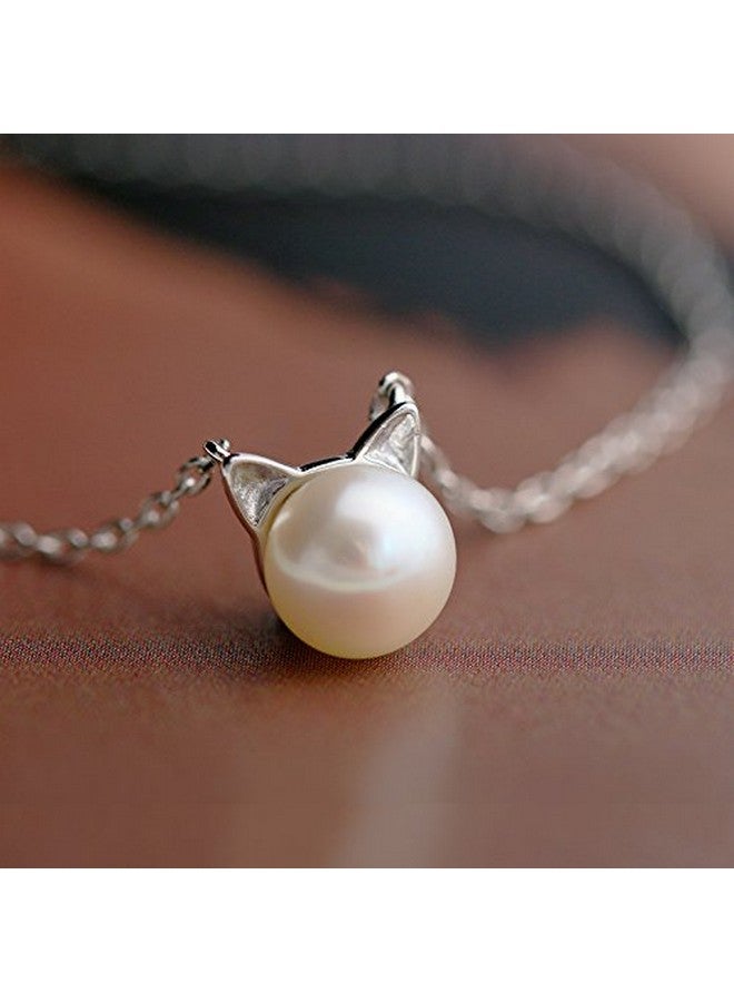 S.Leaf قلائد قطط للنساء مجوهرات قطط للنساء هدايا قطط لمحبي القطط من النساء هدايا لنساء محبات القطط قلادة قط فضية مع لؤلؤة مياه عذبة (لؤلؤة بيضاء فضية) - Image 3