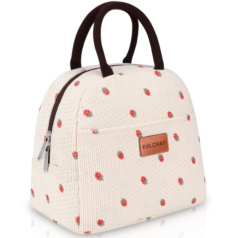 BALORAY Lunch Bag for Women Men Insulated Lunch Box for Adult Reusable Lunch Tote Bag for Work Picnic or Travel Corduroy Beige with Strawberry