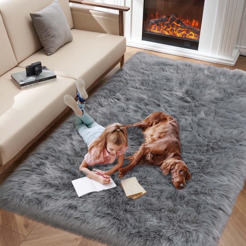 Faux Fur Area Rug Grey Fluffy Rugs for Bedroom Living Room 4x6 Soft Shaggy Fuzzy Rug for Nursery Indoor Plush Gray Floor Carpets for Kids Girls Boys Teen Dorm Cute Home Decor Rectangle