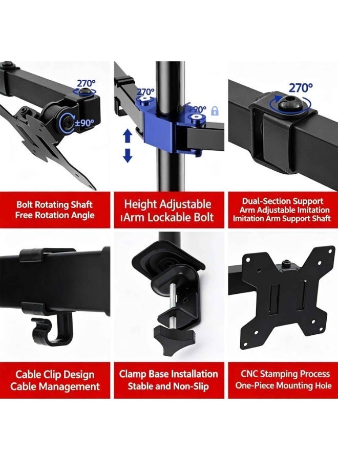 Dual Monitor Arm, Heavy Duty Adjustable Monitor Stand with C-Clamp & Grommet Base, Swivel & Tilt Desk Mount for Up to 32 Inch Ultrawide Gaming Monitors, Home,Office - Image 2