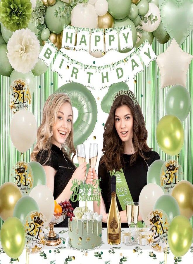 GYESXYW 21st Birthday Decorations for Her, Sage Green 21st Birthday Decorations Happy Birthday Banner Green Gold Balloons Crown Sash Fringe Curtain Tablecloth Cake Topper for Girls 21st Birthday Party Decor - Image 4
