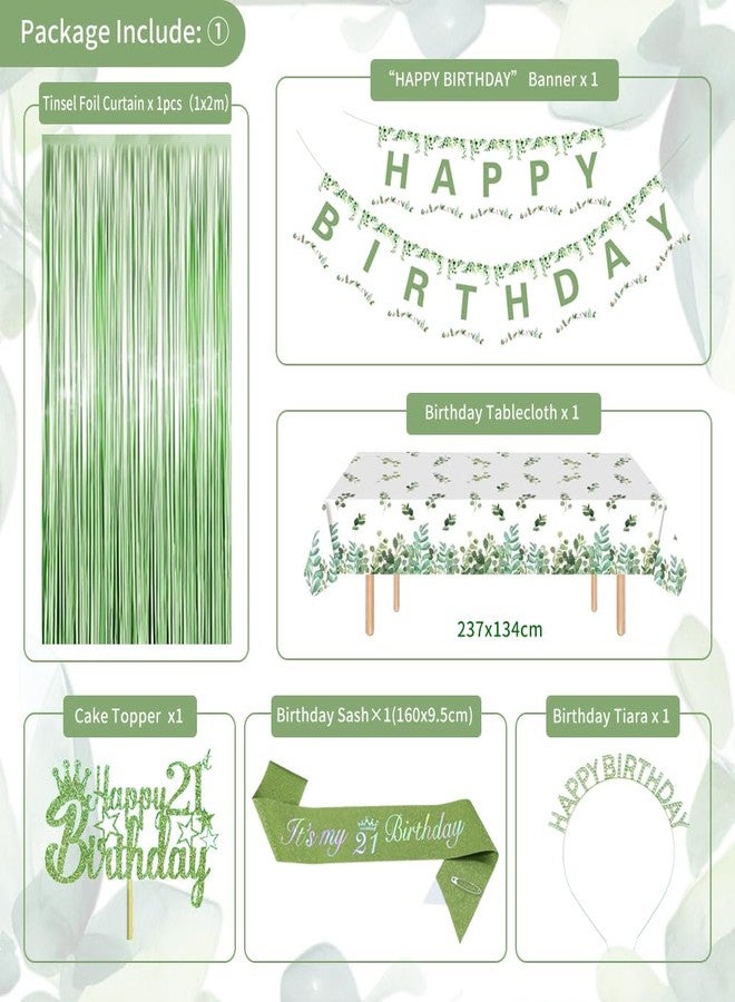 GYESXYW 21st Birthday Decorations for Her, Sage Green 21st Birthday Decorations Happy Birthday Banner Green Gold Balloons Crown Sash Fringe Curtain Tablecloth Cake Topper for Girls 21st Birthday Party Decor - Image 2