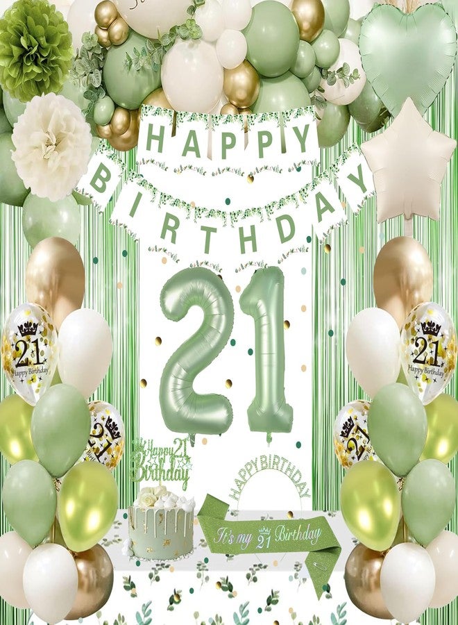GYESXYW 21st Birthday Decorations for Her, Sage Green 21st Birthday Decorations Happy Birthday Banner Green Gold Balloons Crown Sash Fringe Curtain Tablecloth Cake Topper for Girls 21st Birthday Party Decor - Image 1