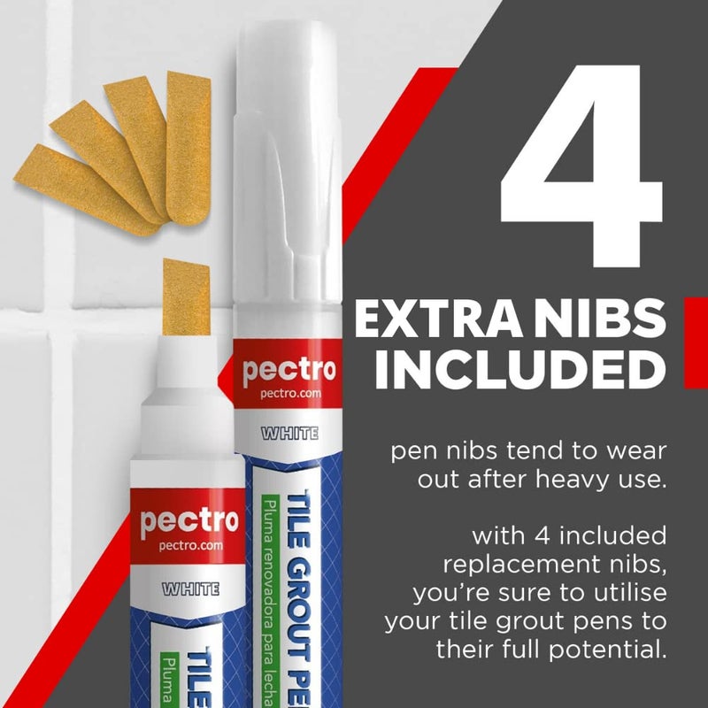 PECTRO Grout Pen White – 2 Pack Tile Grout Markers with 4 Extra Nibs – Waterproof Grout Whitener & Paint for Bathroom & Kitchen – Easy to Apply, Restore Dirty Grout Lines – 0.27oz (8ml) Each - Image 5
