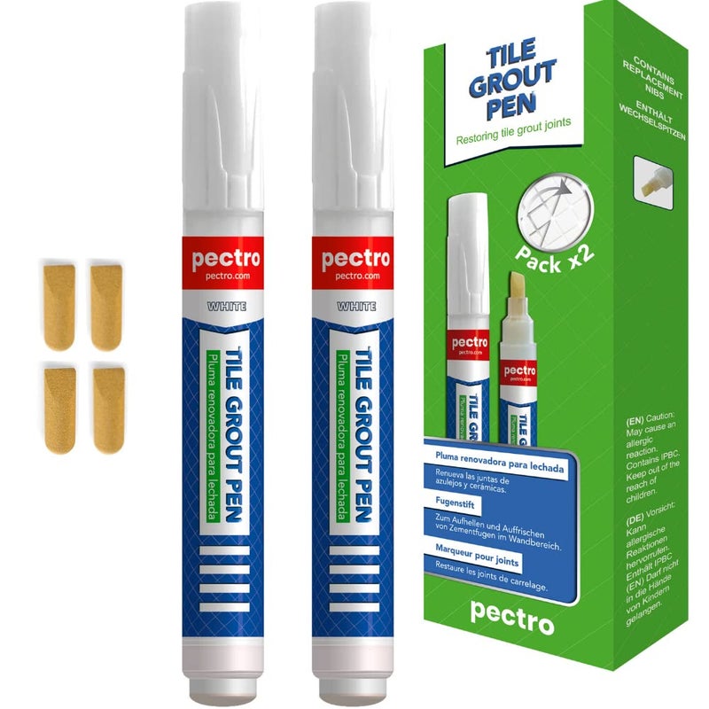 PECTRO Grout Pen White – 2 Pack Tile Grout Markers with 4 Extra Nibs – Waterproof Grout Whitener & Paint for Bathroom & Kitchen – Easy to Apply, Restore Dirty Grout Lines – 0.27oz (8ml) Each - Image 1