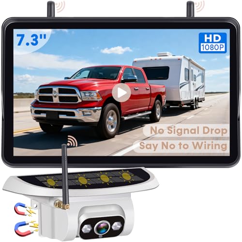 Pemacom Wireless Backup Camera for Towable-RV: Magnetic No Wiring Setup Long Distance Signal for Thor/Forest River Series RVs - 7.3" Recording Monitor HD 1080P Auto Sleep Solar RV Backup Camera - Image 1