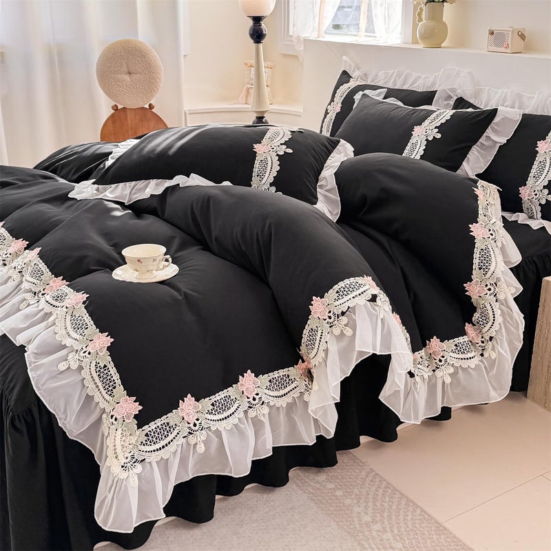 MOOWOO Flower Lace Ruffled Bedding Set- Sweet Girl Chiffon Ruffles Duvet Cover Set- 3PC(1 Full Duvet Cover 80x90 Inch, 2 Pillowcases) Aesthetic Bedding for Romantic French Wedding - Image 5