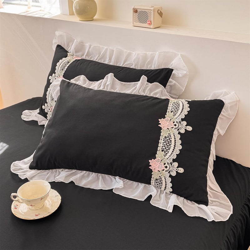 MOOWOO Flower Lace Ruffled Bedding Set- Sweet Girl Chiffon Ruffles Duvet Cover Set- 3PC(1 Full Duvet Cover 80x90 Inch, 2 Pillowcases) Aesthetic Bedding for Romantic French Wedding - Image 4