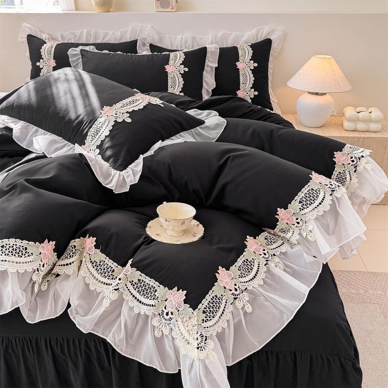 MOOWOO Flower Lace Ruffled Bedding Set- Sweet Girl Chiffon Ruffles Duvet Cover Set- 3PC(1 Full Duvet Cover 80x90 Inch, 2 Pillowcases) Aesthetic Bedding for Romantic French Wedding - Image 2