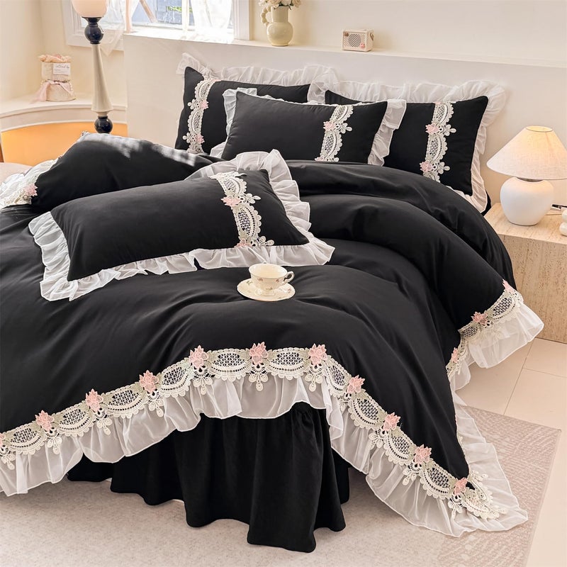 MOOWOO Flower Lace Ruffled Bedding Set- Sweet Girl Chiffon Ruffles Duvet Cover Set- 3PC(1 Full Duvet Cover 80x90 Inch, 2 Pillowcases) Aesthetic Bedding for Romantic French Wedding - Image 1