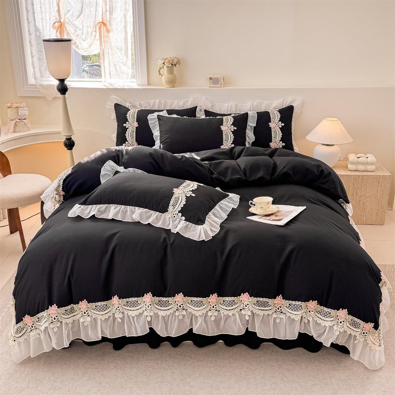 MOOWOO Flower Lace Ruffled Bedding Set- Sweet Girl Chiffon Ruffles Duvet Cover Set- 3PC(1 Full Duvet Cover 80x90 Inch, 2 Pillowcases) Aesthetic Bedding for Romantic French Wedding - Image 3