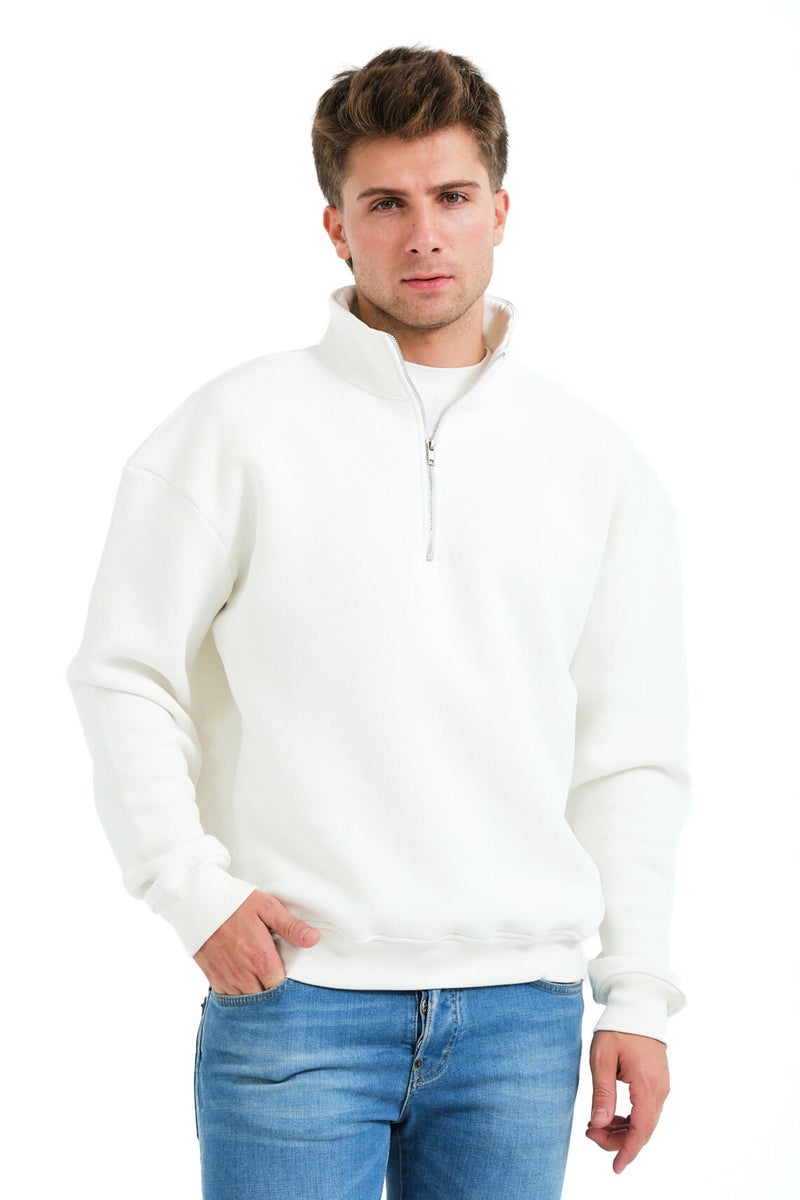 JUSTEVER Regular Fit Stand Collar Semi-Zippered Raised Ecru Men's Sweatshirt - Prime - Image 1