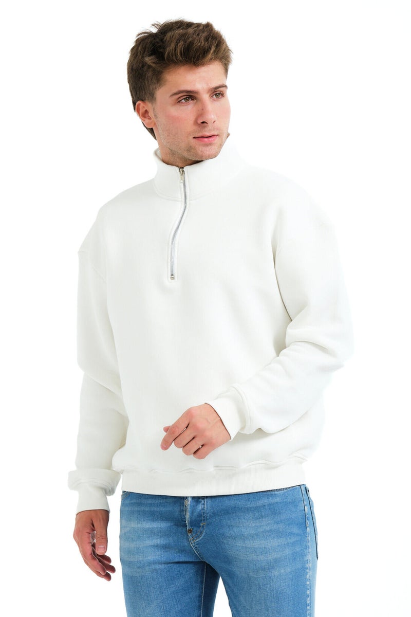 JUSTEVER Regular Fit Stand Collar Semi-Zippered Raised Ecru Men's Sweatshirt - Prime - Image 3