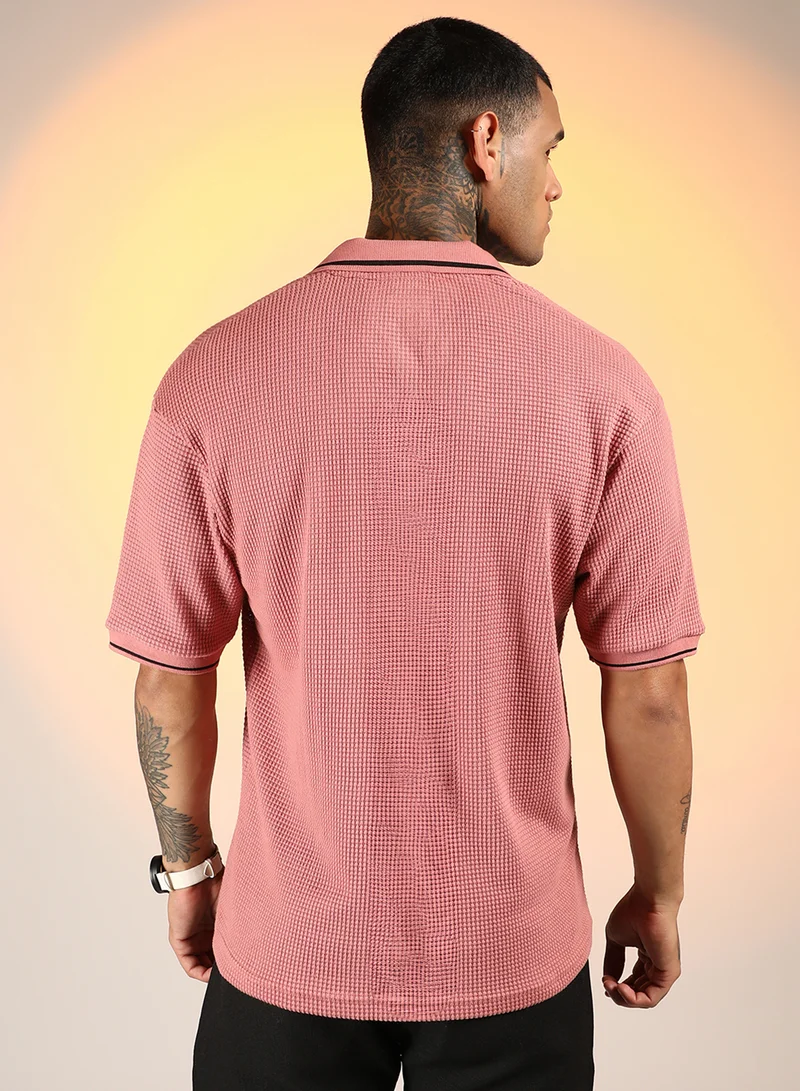 كامبوس سوترا Men's Salmon Pink Micro-Waffle Polo T-Shirt