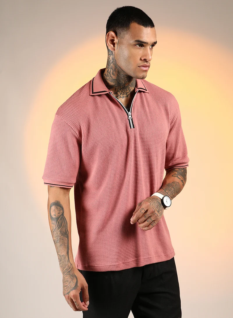 كامبوس سوترا Men's Salmon Pink Micro-Waffle Polo T-Shirt