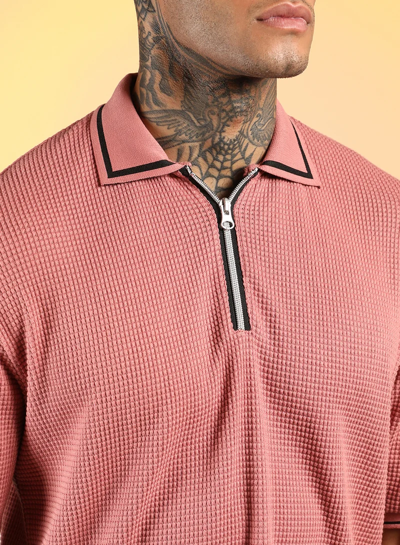 كامبوس سوترا Men's Salmon Pink Micro-Waffle Polo T-Shirt