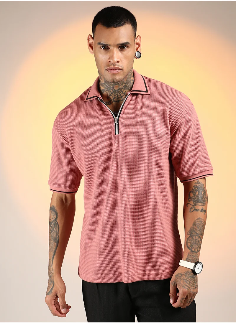 كامبوس سوترا Men's Salmon Pink Micro-Waffle Polo T-Shirt
