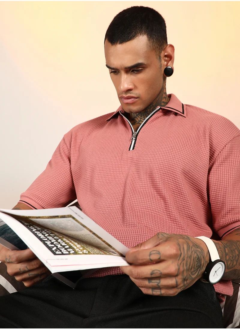كامبوس سوترا Men's Salmon Pink Micro-Waffle Polo T-Shirt