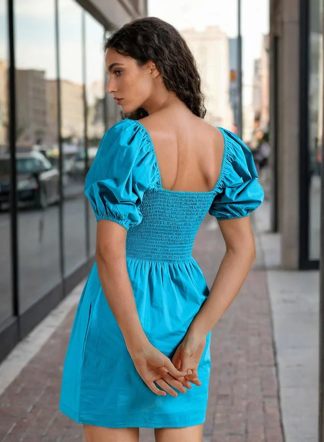 Freehand Blue Puff Sleeves Mini Dress