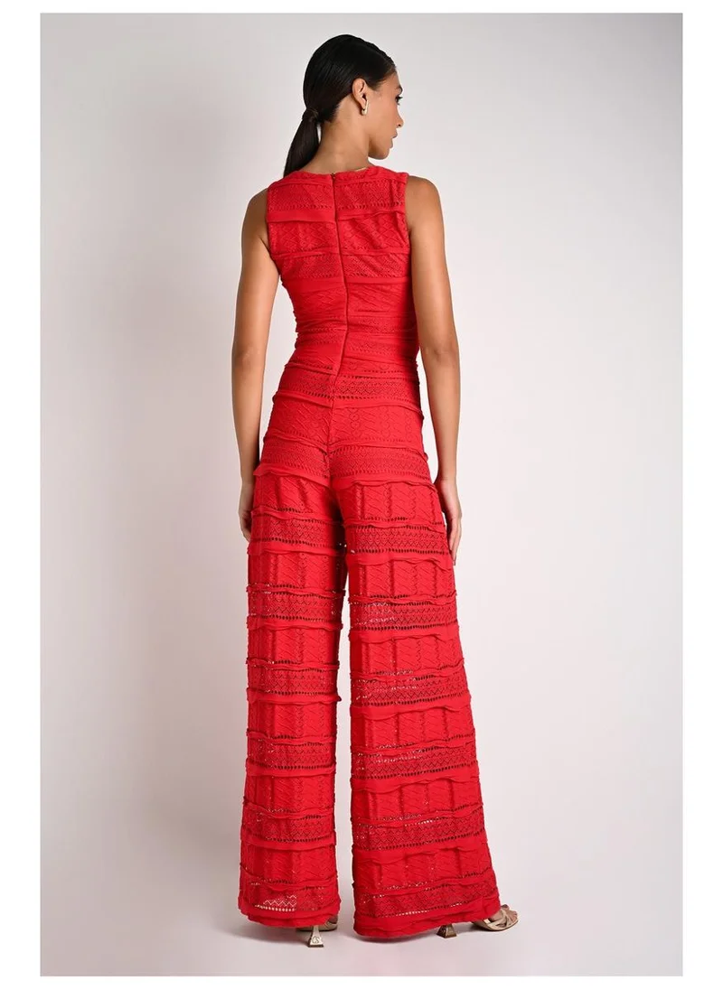 Carmen Steffens Red Jumpsuit with Transparent Neckline
