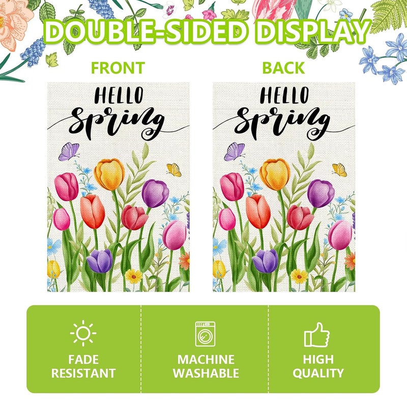 Agroon Hello Spring Garden Flag 12x18 Inch, Double Sided Colorful Tulips Flag, Seasonal Flower Yard Outdoor Decoration - Image 5