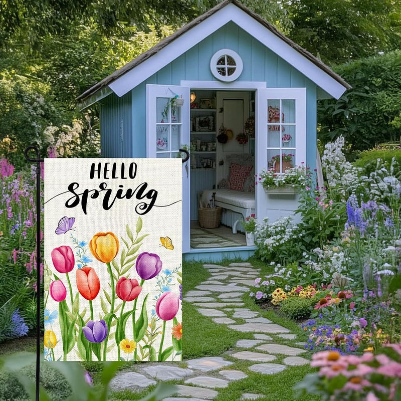 Agroon Hello Spring Garden Flag 12x18 Inch, Double Sided Colorful Tulips Flag, Seasonal Flower Yard Outdoor Decoration - Image 4