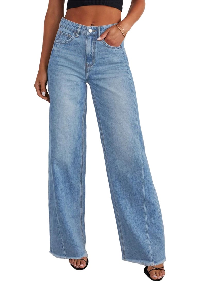 Sidefeel Women's Wide Leg Jeans High Waisted Stretchy Raw Hem Denim Pants Size 12 Light Blue - Image 1